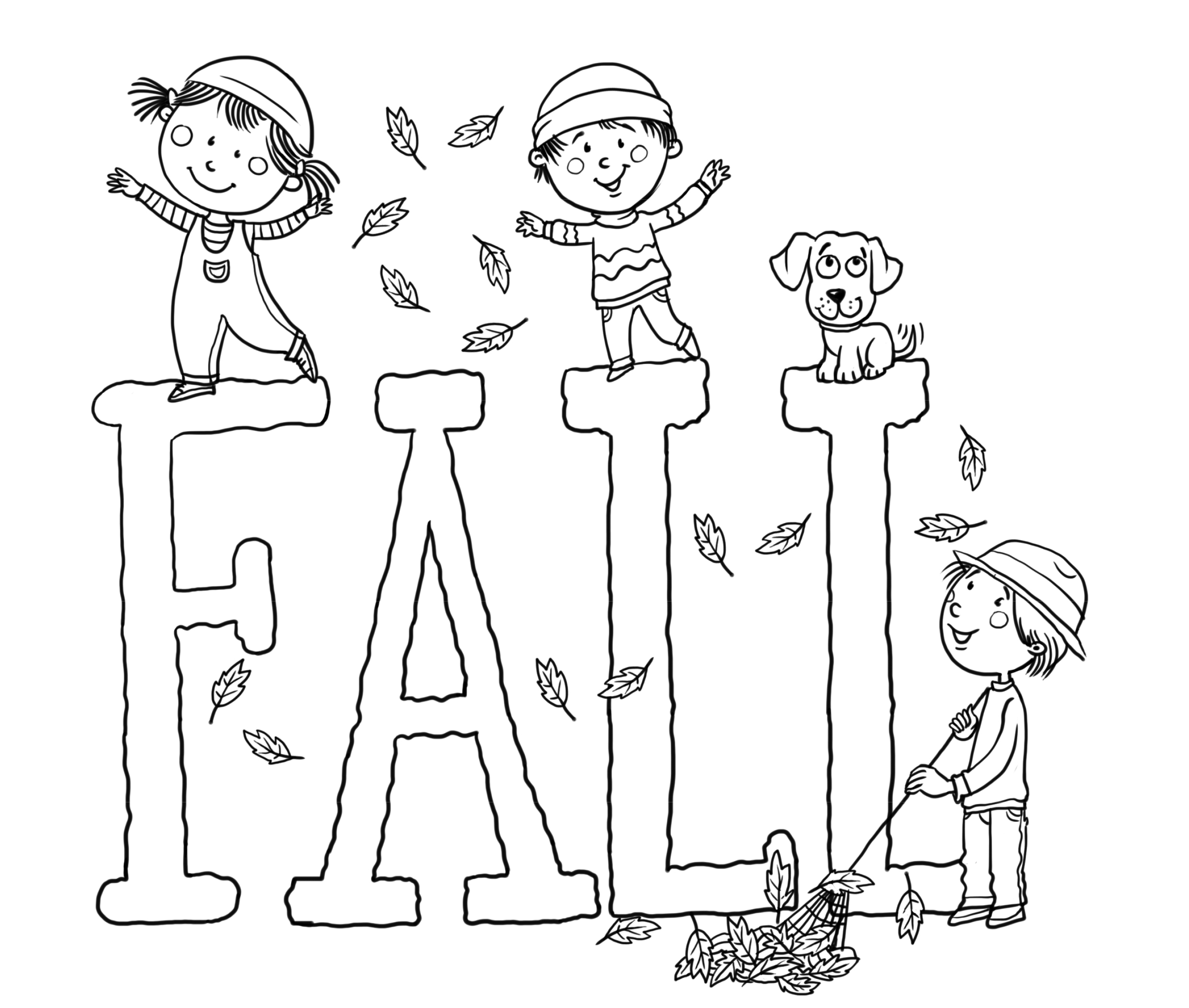 Color the picture and the word fall in this fun fall coloring page for kids Free fall coloring Printables