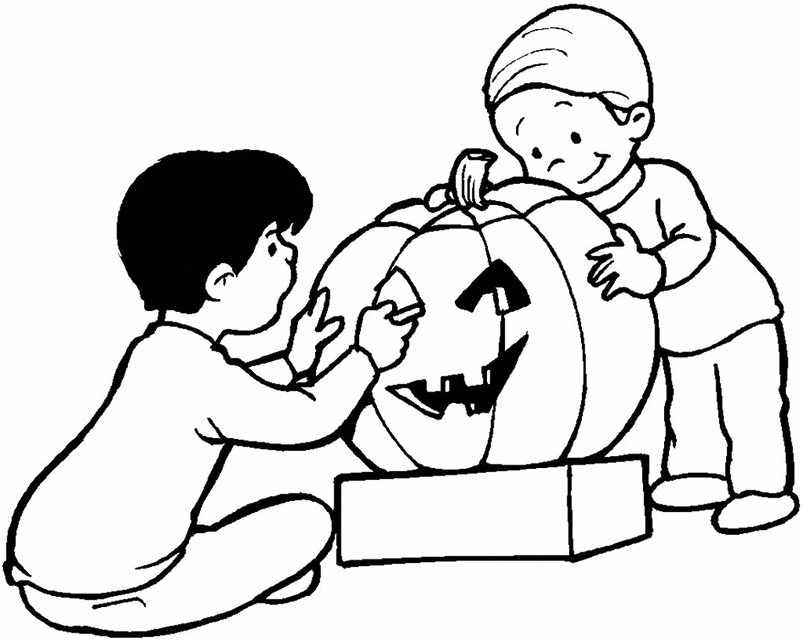 Children Carving A Pumpkin Coloring Page