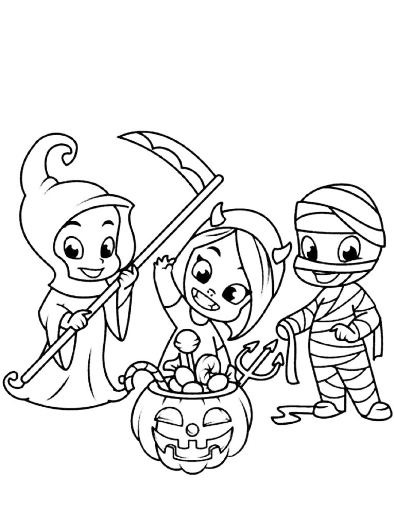 Cute Kids In Halloween Costumes Coloring Page