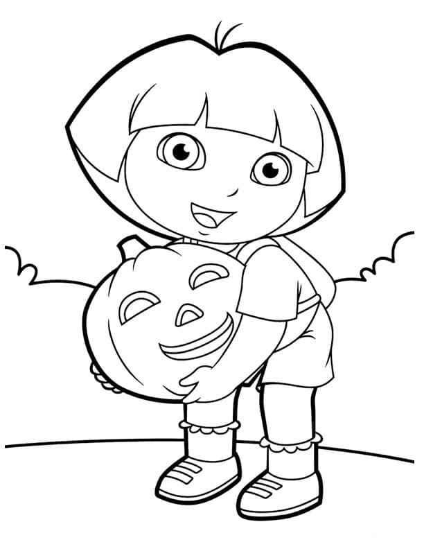 Dora With A Pumpkin Coloring Page