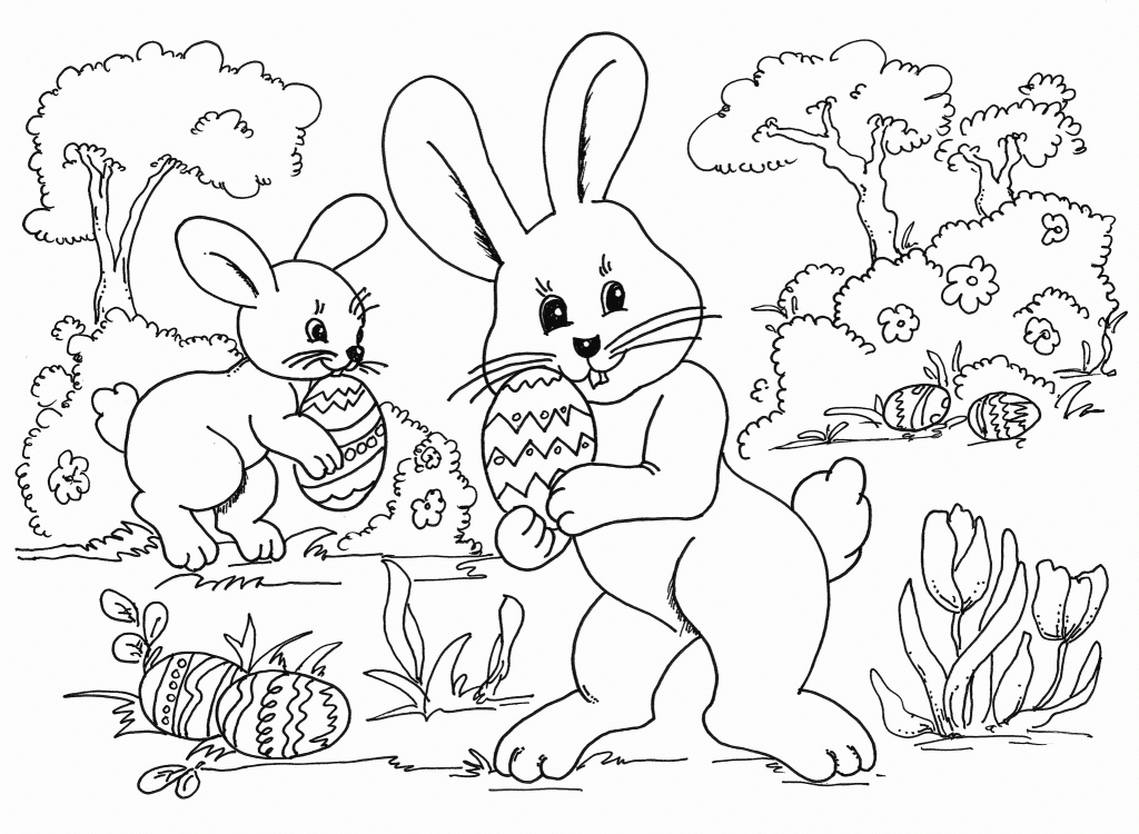 Easter Bunnies With Eggs Coloring Page