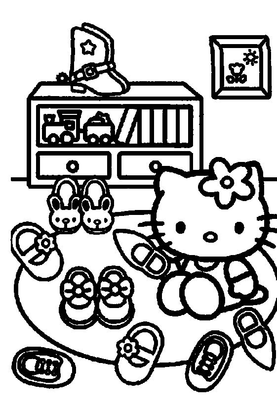 Hello Kitty Trying On Shoes Coloring Page