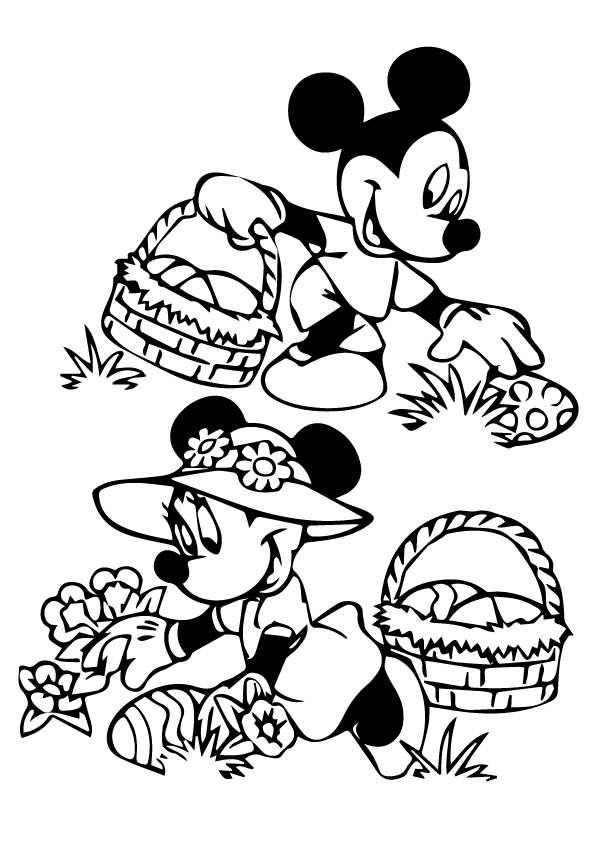 Mickey And Minnie Gathering Easter Eggs Coloring Page