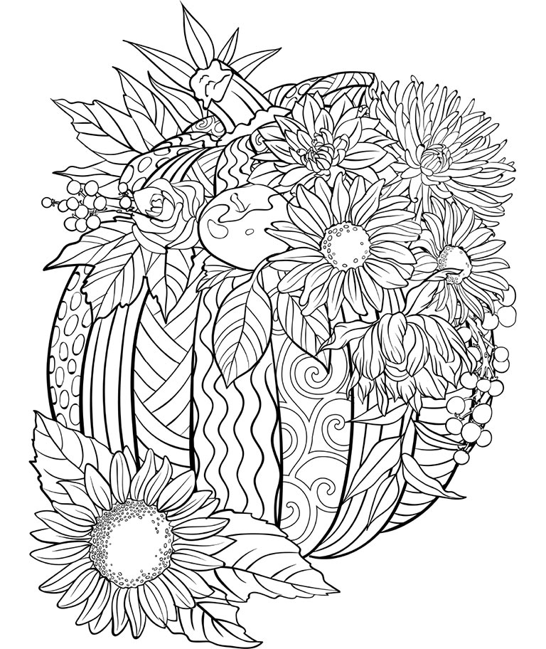 Pretty Fall Pumpkin And Sunflowers Coloring Page