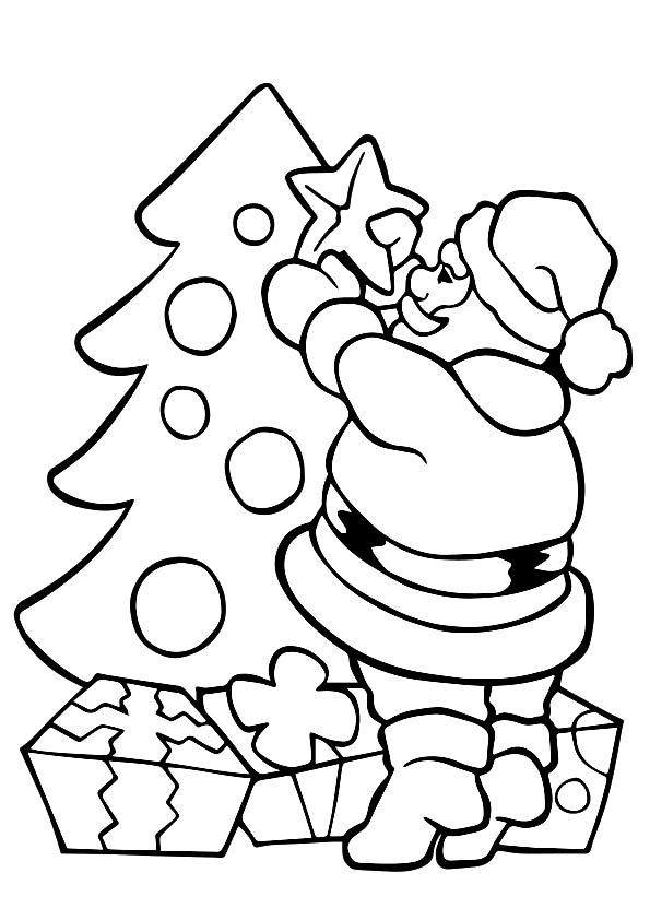 Santa Decorating Tree Coloring Page