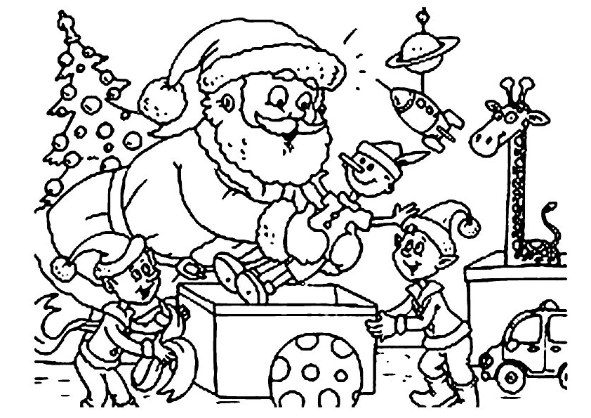 Santa Working With Elves Coloring Page