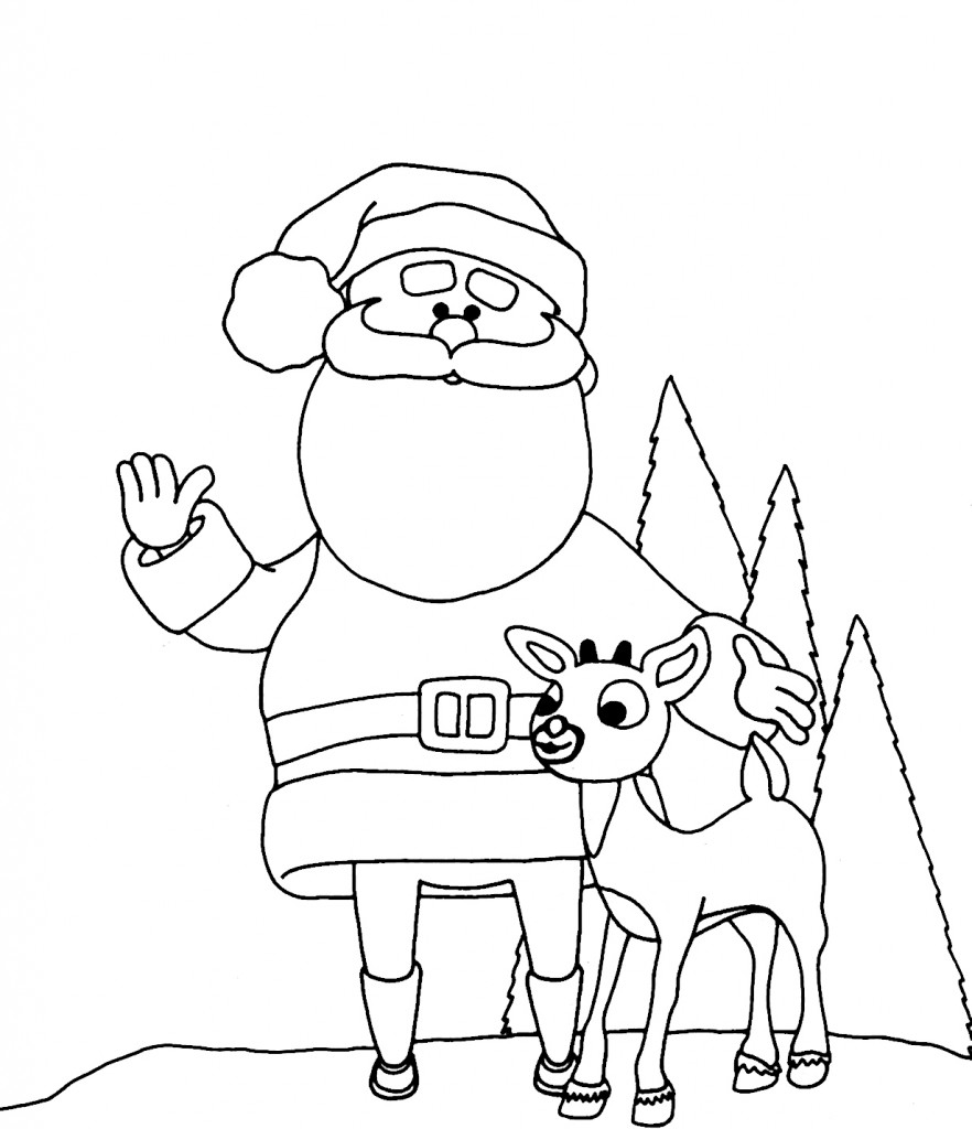 Santa and Reindeer Coloring Page for Kids