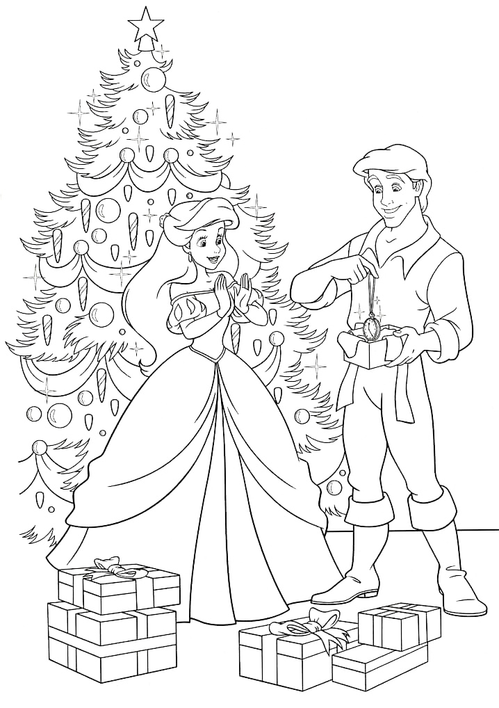 Ariel And Eric By The Christmas Tree Coloring Page