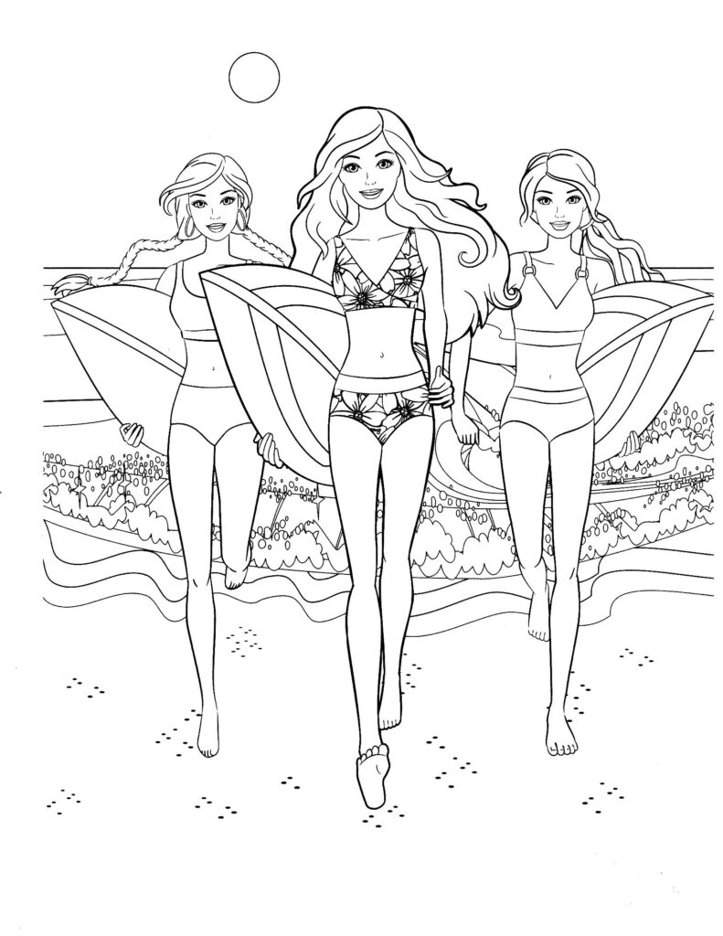 Barbie And Friends Surfing Beach Coloring Page