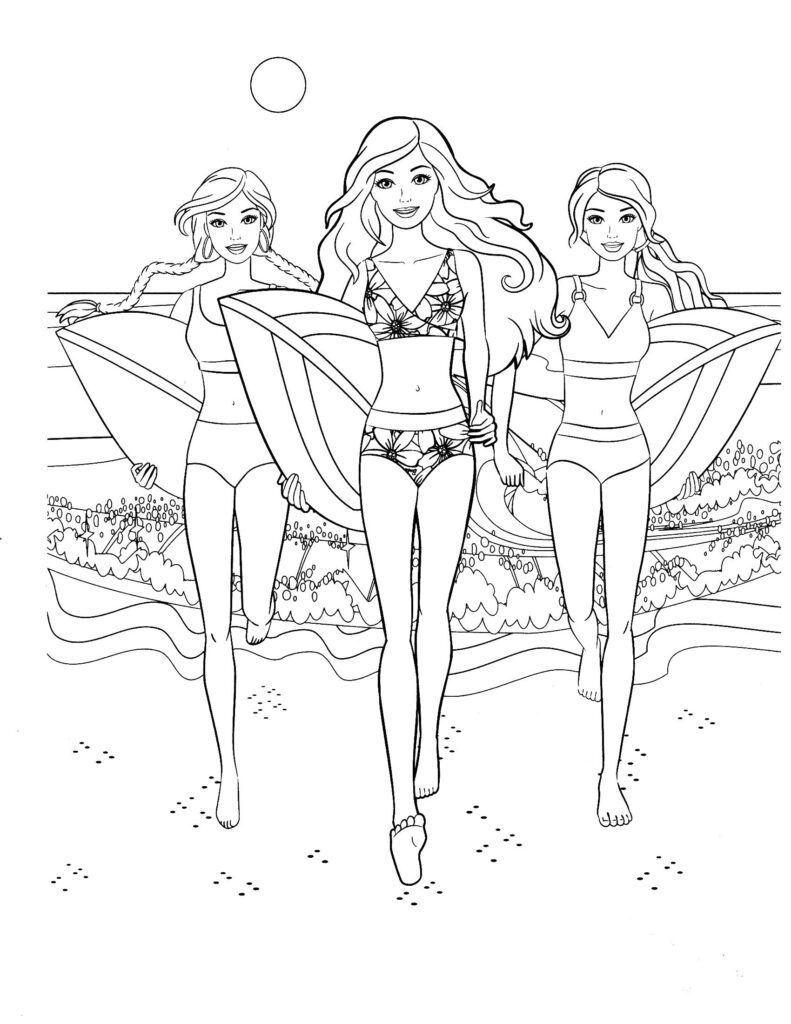 Barbie And Friends Surfing Beach Coloring Page