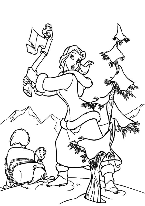 Belle Chopping Down Christmas Tree Coloring Page