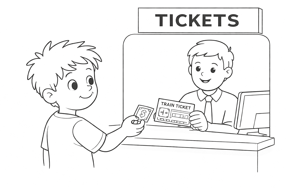 Boy Buying Train Tickets Coloring Page