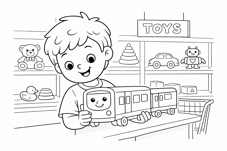 Boy Playing With Toy Train Coloring Page