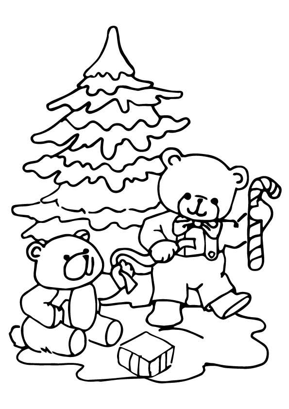 Christmas Tree And Bears Coloring Page