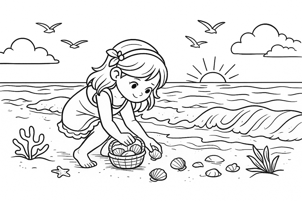 Collecting Sea Shells Coloring Page