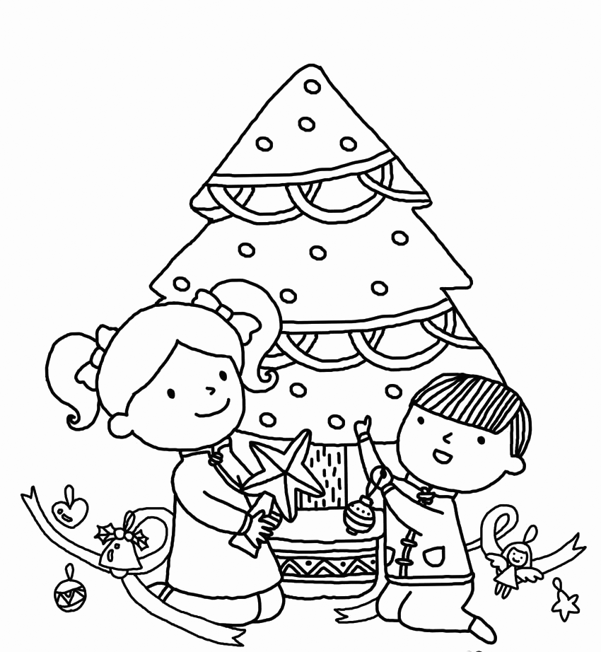 Cute Children Decorating Christmas Tree Coloring Page