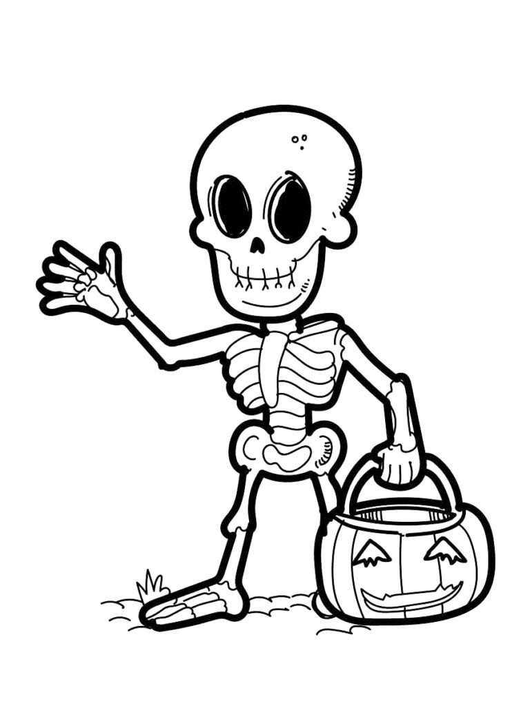 Cute Skeleton Trick Or Treating Coloring Page