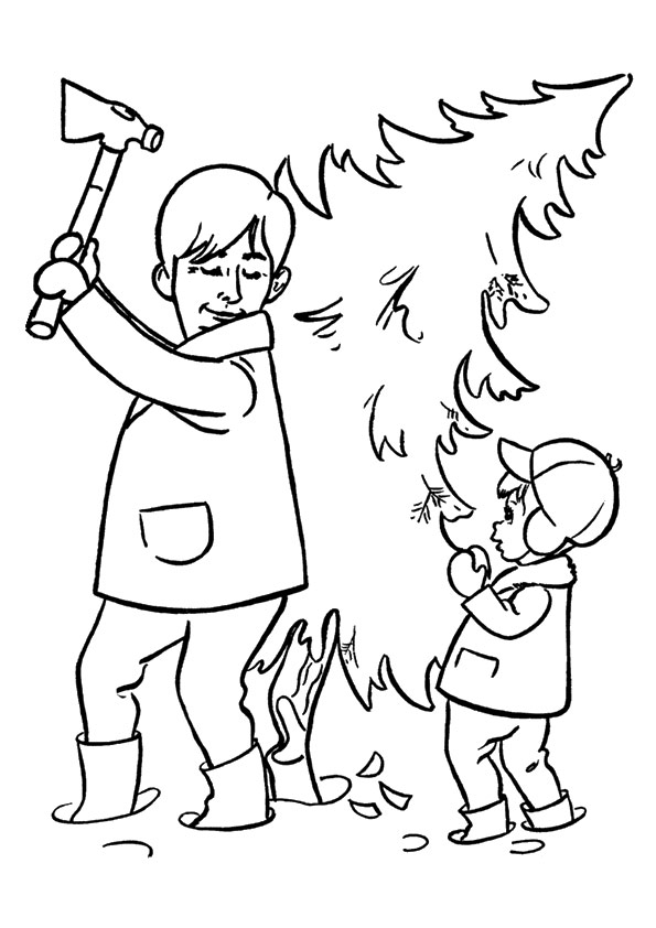 Father Cutting Christmas Tree Coloring Page