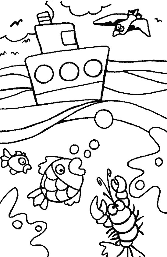 Fish And Boat In The Ocean Coloring Page