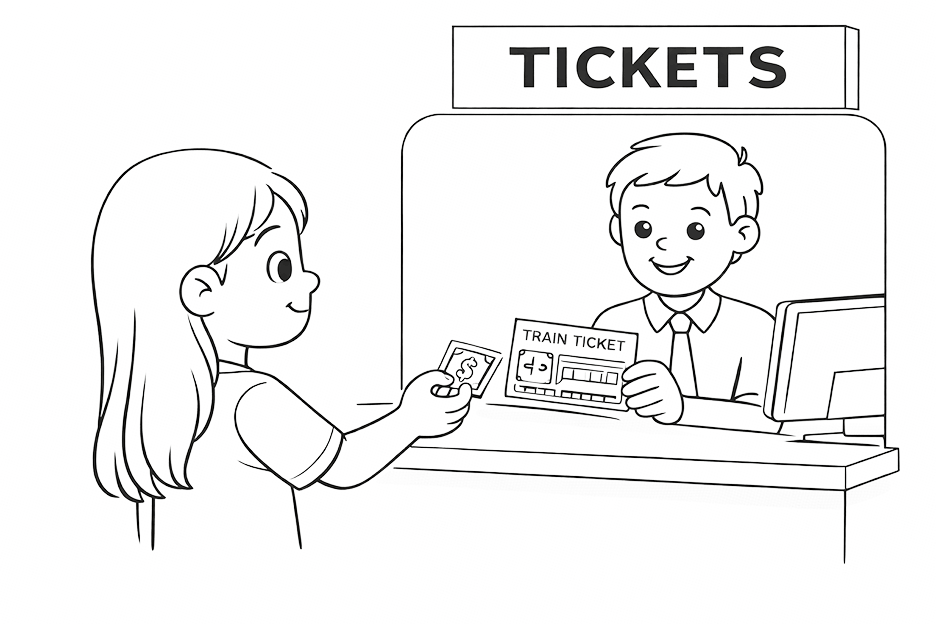 Girl Buying Train Tickets Coloring Page