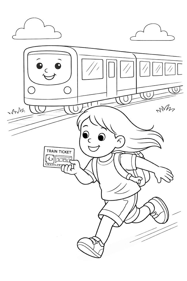 Girl Catching The Train Coloring Page