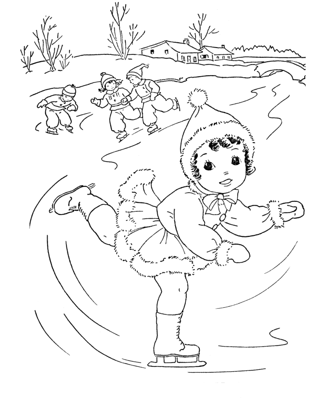 Girl Iceskating On Pond Coloring Page