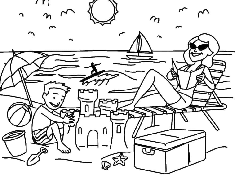 Happy Mom And Son At The Beach Coloring Page
