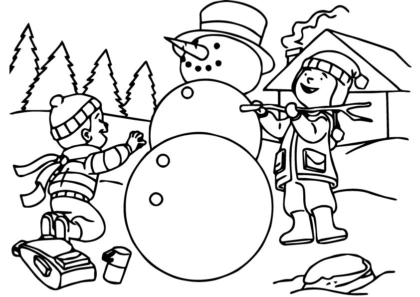 Kids Making Snowman Coloring Page