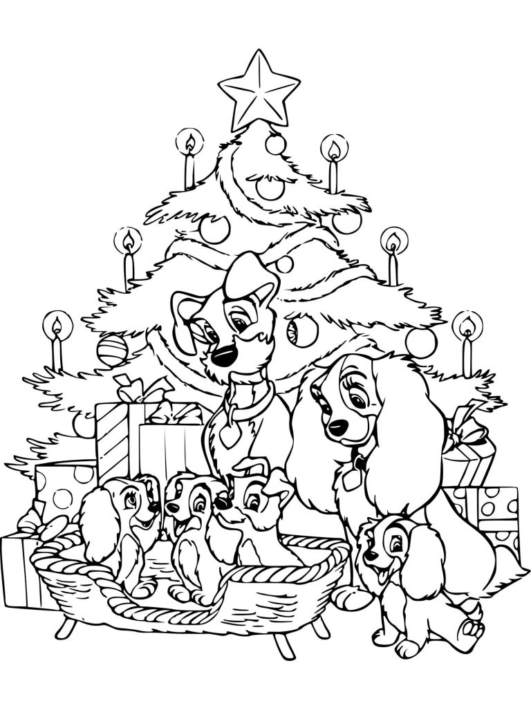 Lady And The Tramp By The Christmas Tree Coloring Page