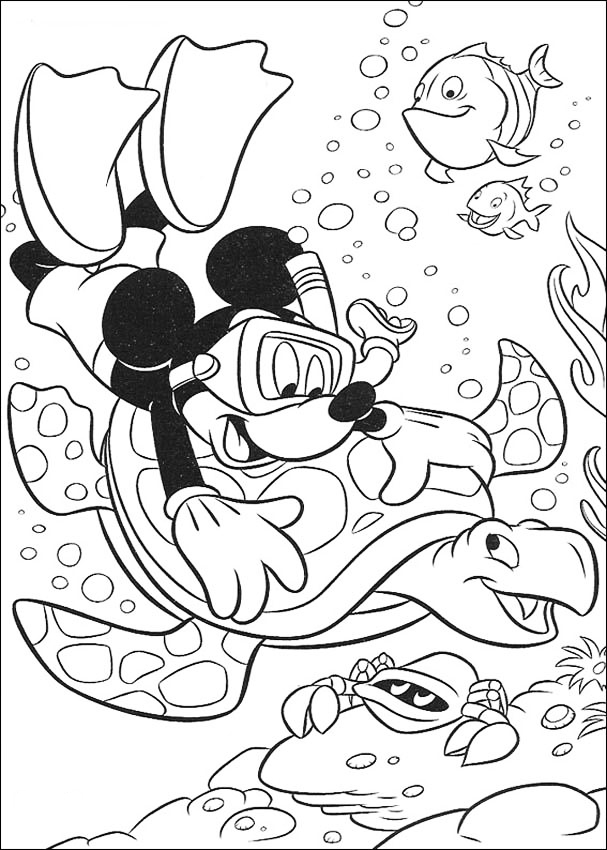 Mickey Swimming With An Ocean Turtle Coloring Page