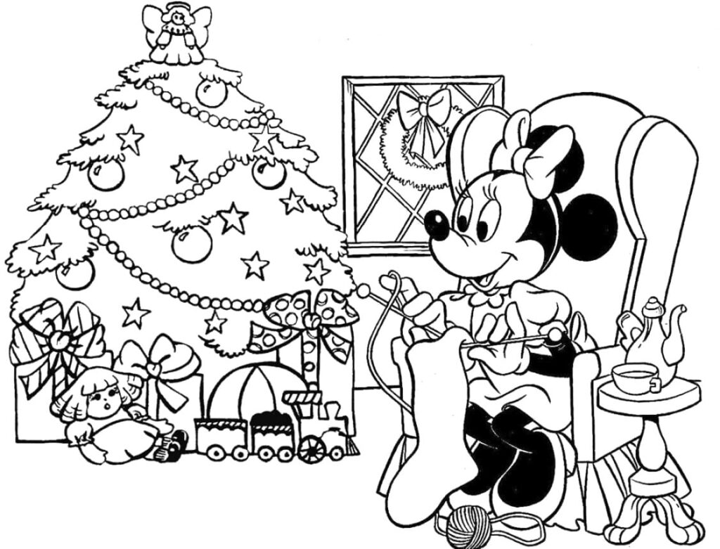 Minnie Mouse By The Christmas Tree Coloring Page