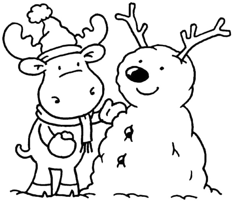 Moose Building Snowman Coloring Page