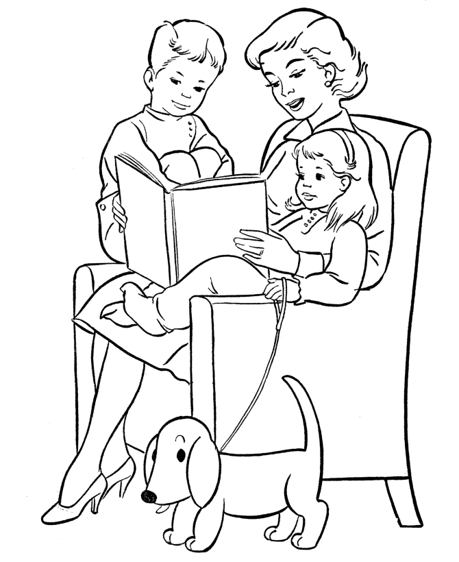 Mother Reading To Children Coloring Page