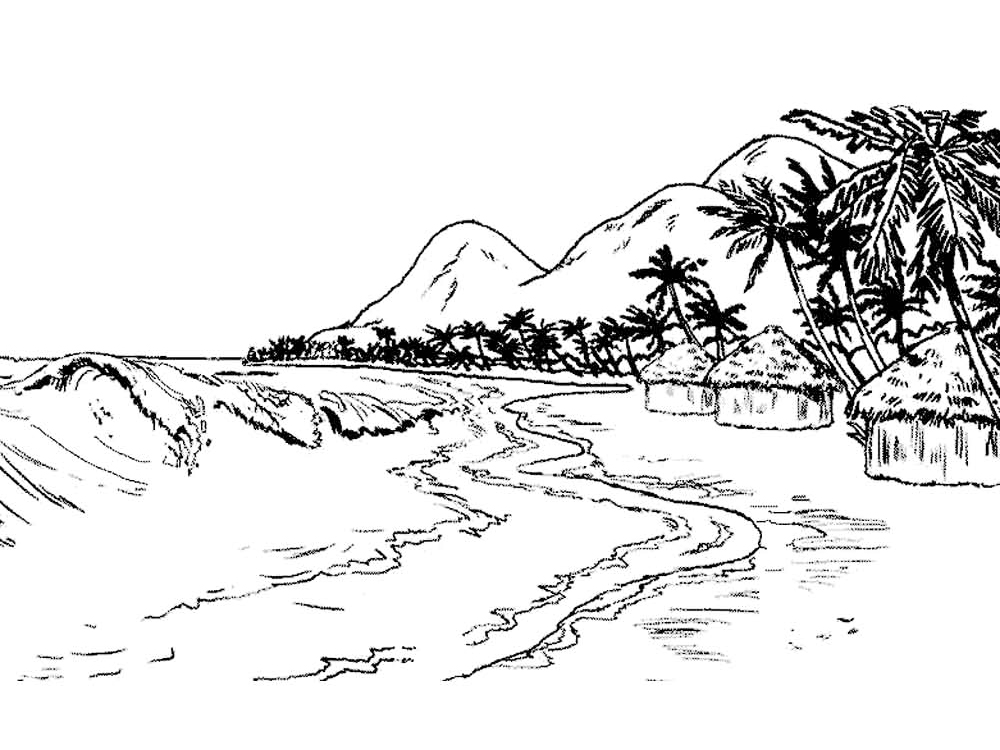 Ocean Mountains Beach Coloring Page