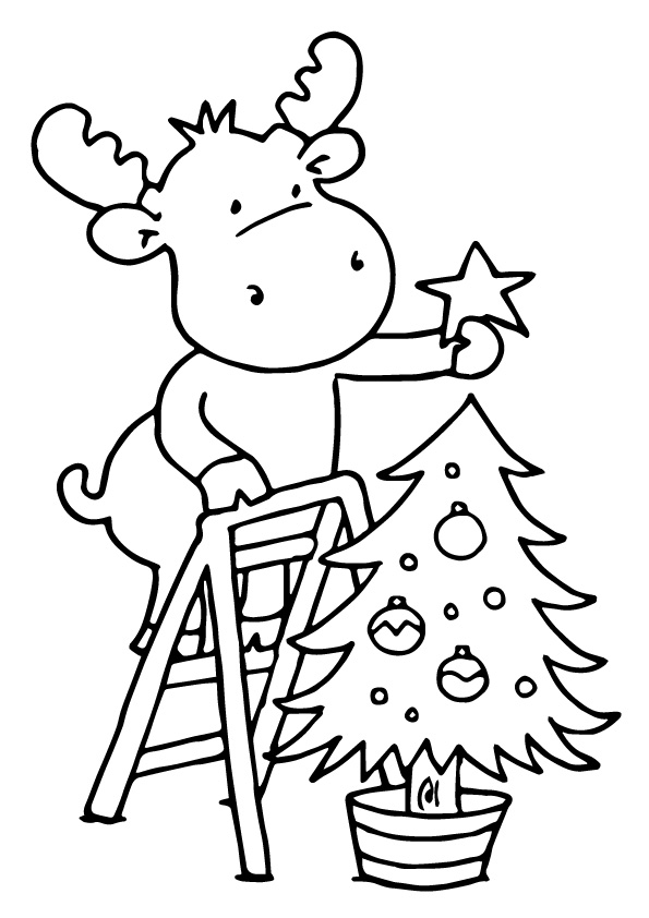 Reindeer Decorating The Christmas Tree Coloring Pages