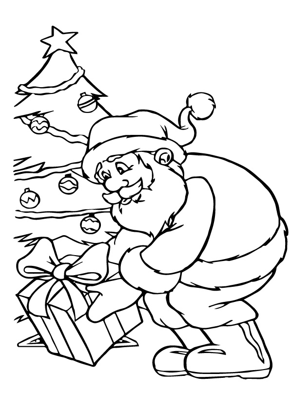 Santa Putting Gift Under The Tree Coloring Page