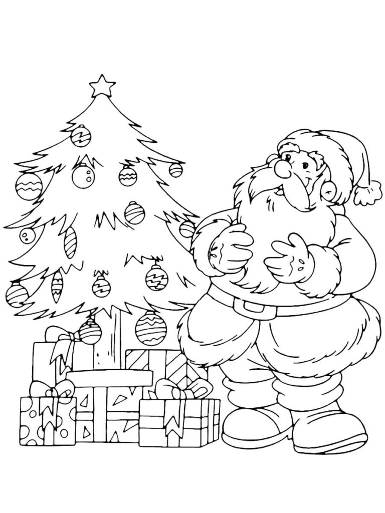 Santa By The Christmas Tree Coloring Page