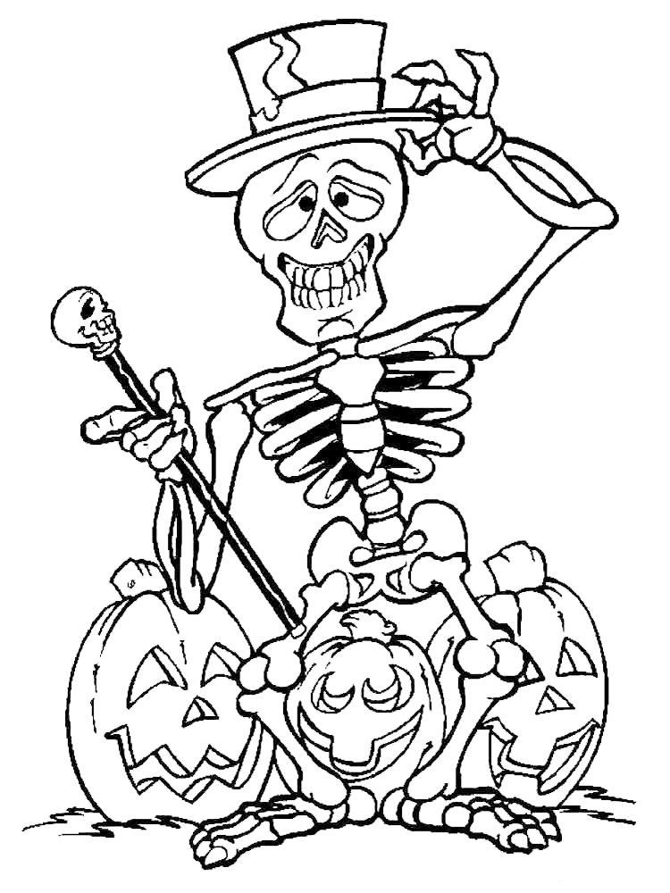 Skeleton With Tophat And Cane Coloring Page