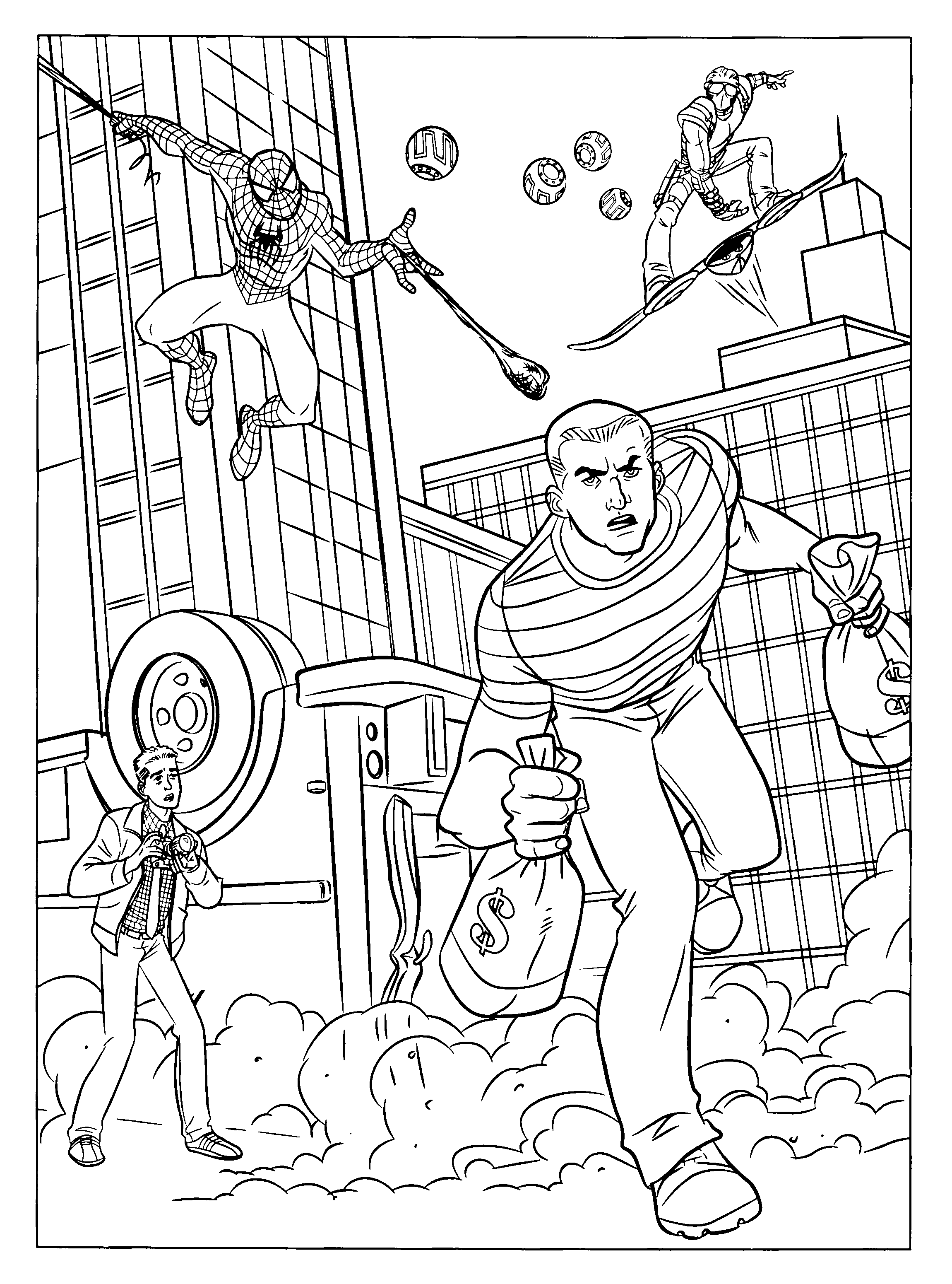Spiderman Catching Bank Robber Coloring Page