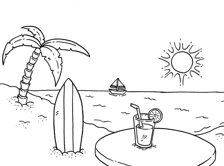Surfboard at Beach Coloring Page
