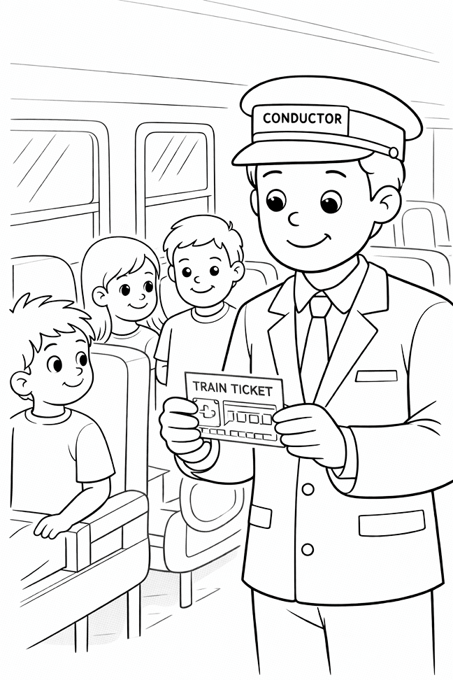 Train Conductor Taking Tickets Coloring Page