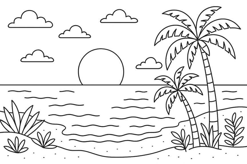 Tropical Beach At Sunset Coloring Page