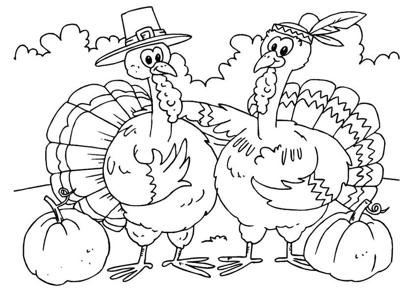 Two Thanksgiving Turkeys Coloring Page