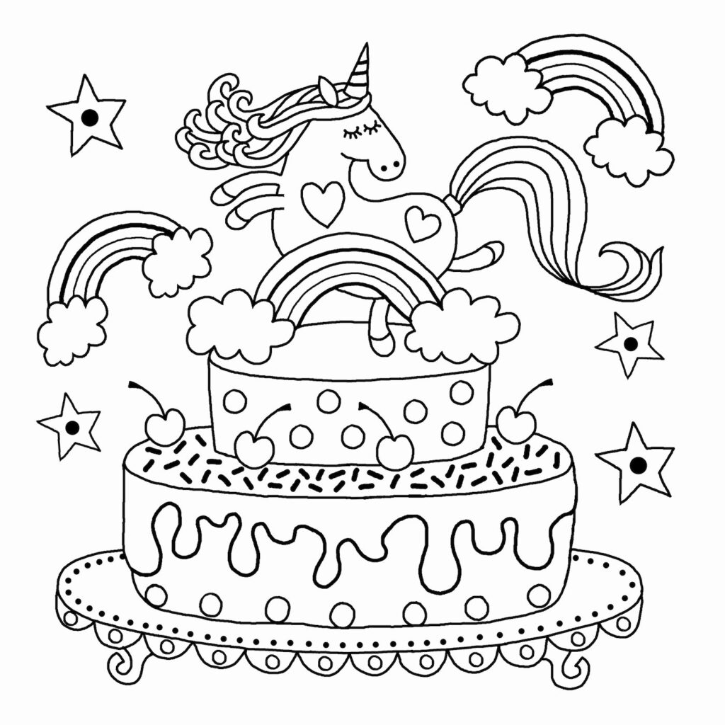 Unicorn And Rainbow Birthday Cake Coloring Page
