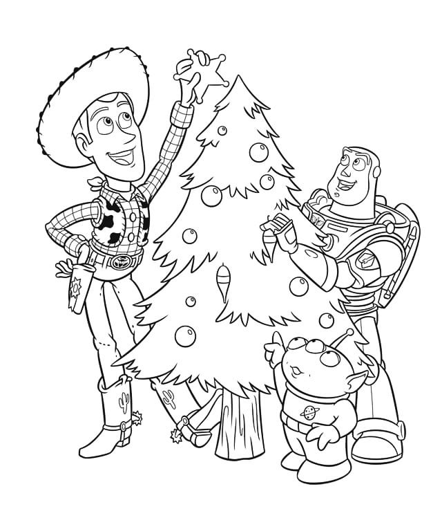 Woody And Buzz Decorate The Christmas Tree Coloring Page
