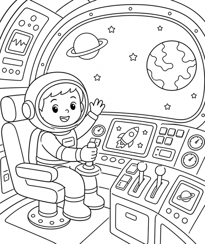 Astronaut Flying Spaceship Coloring Page