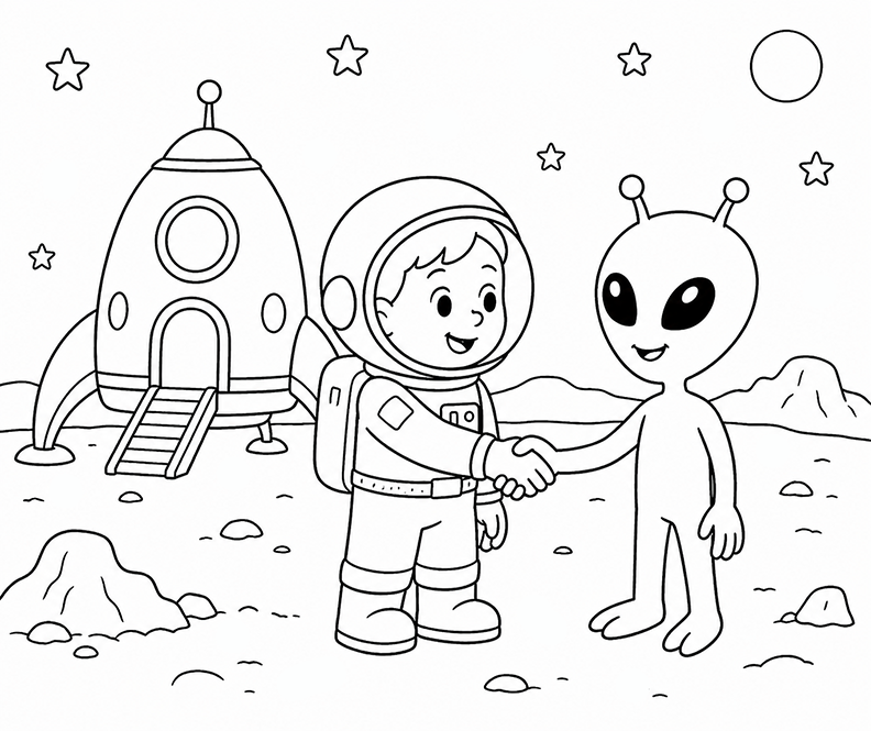 Astronaut Meeting And Alien Coloring Page