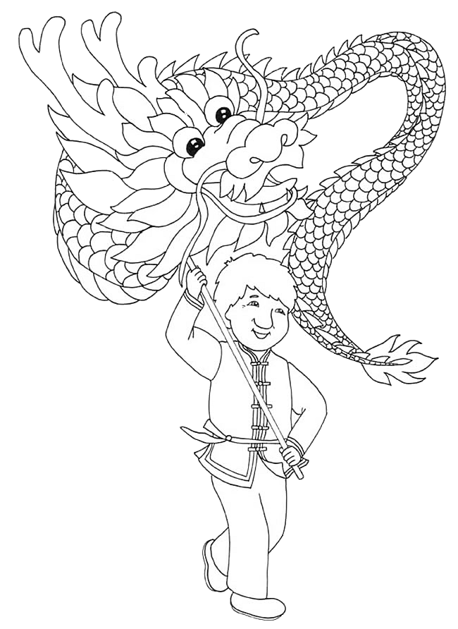 Boy And Chinese Dragon Coloring Page