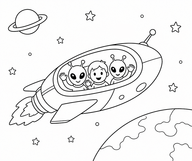 Flying With Aliens Coloring Page