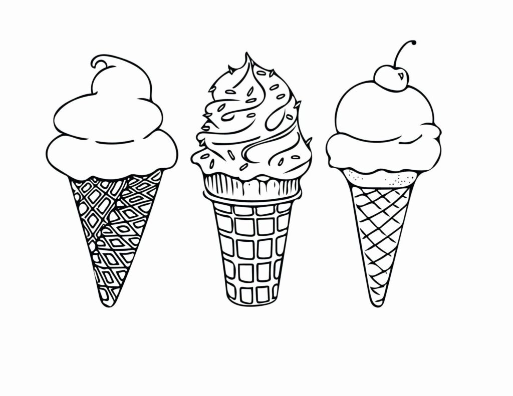 3 Ice Cream Cones Coloring Page
